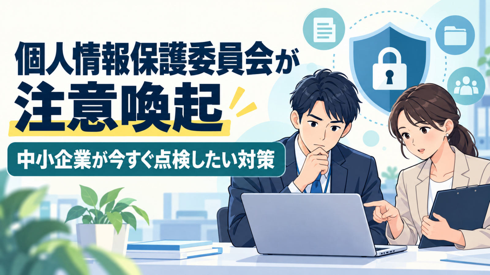 個人情報保護委員会の注意喚起を受け、セキュリティ対策を点検する男女のイラスト