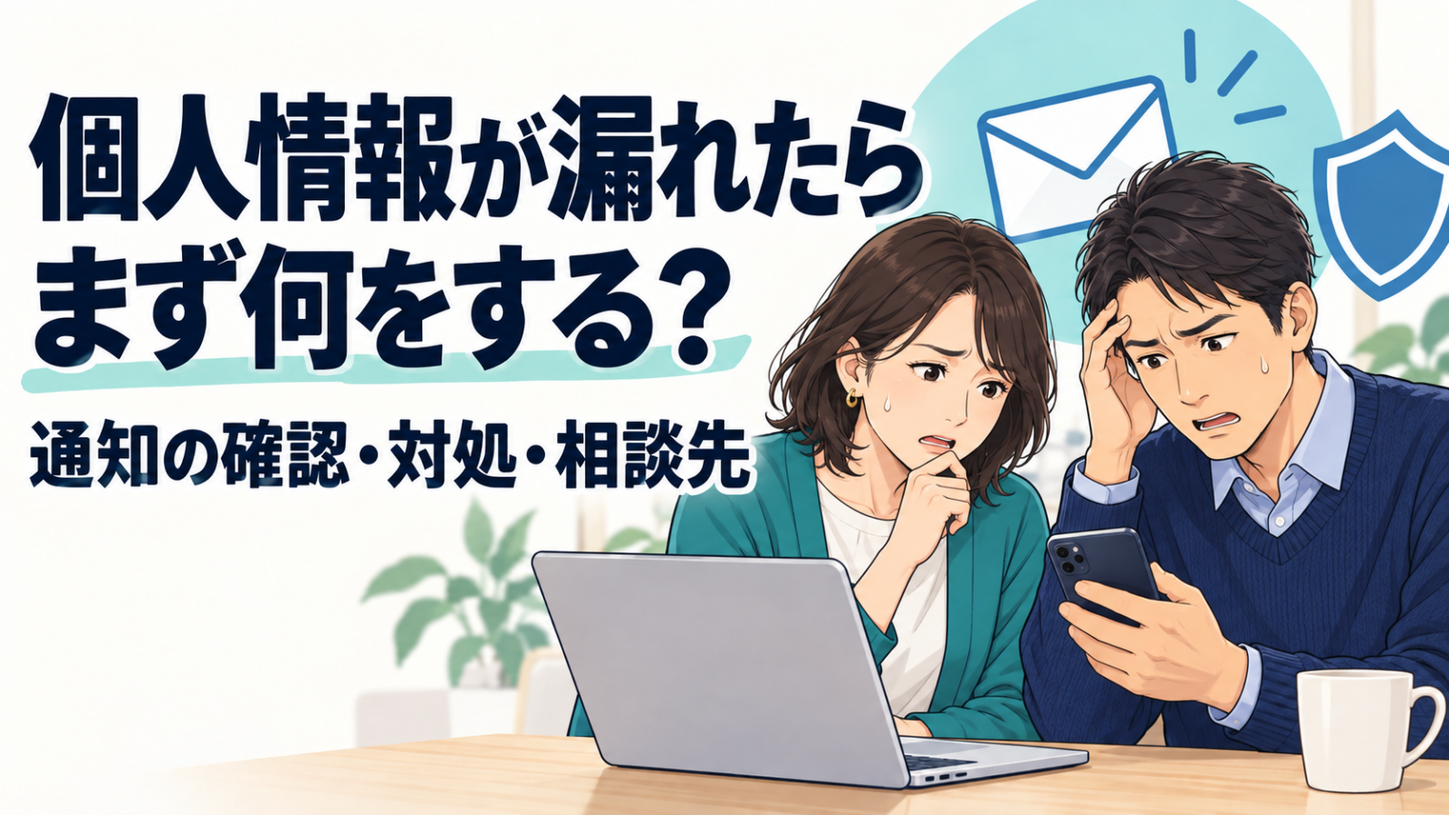 個人情報漏えいの通知を受けて困り、対処を考える30代の男女