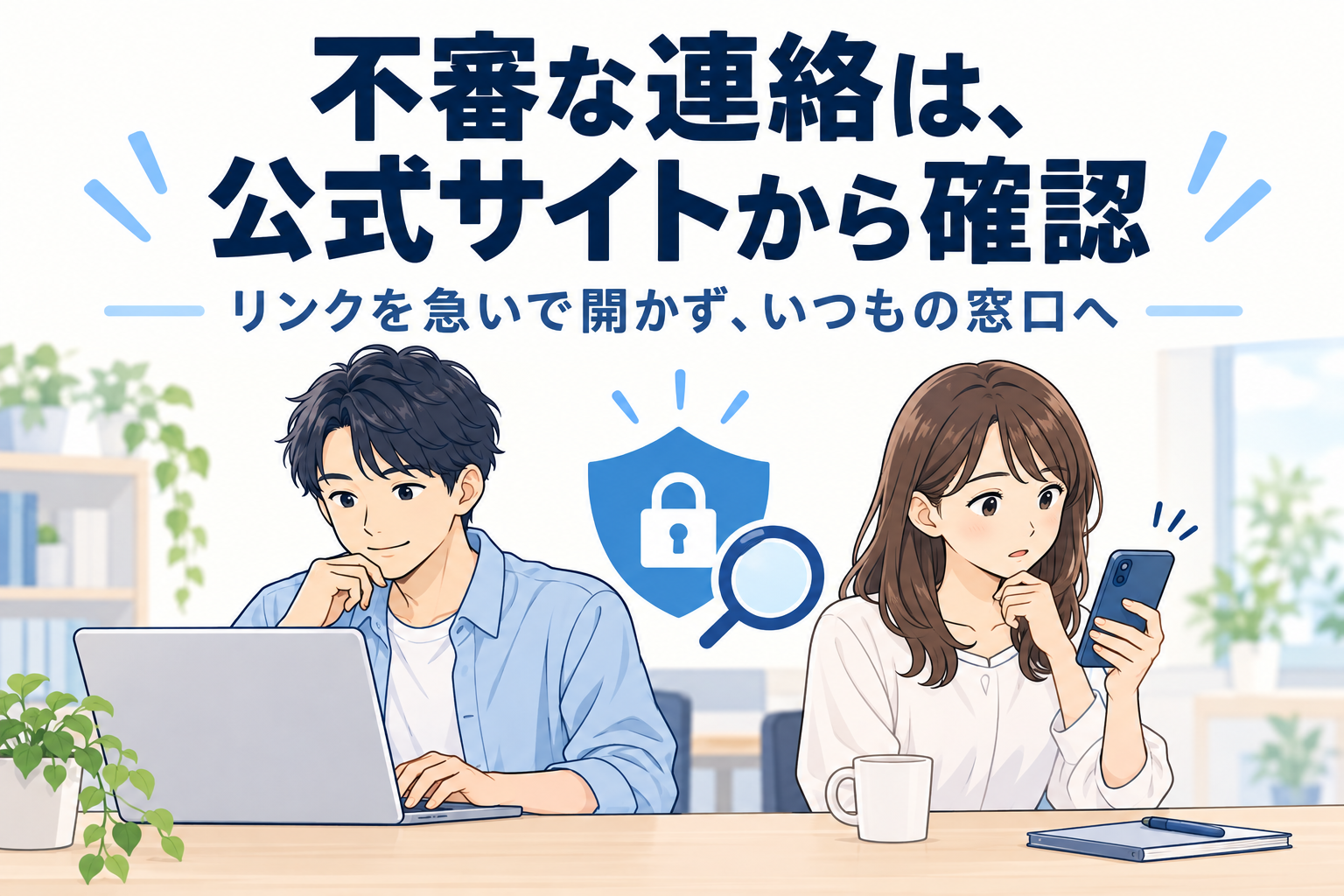 不審な連絡のリンクを急いで開かず、公式サイトや普段の窓口から確認する