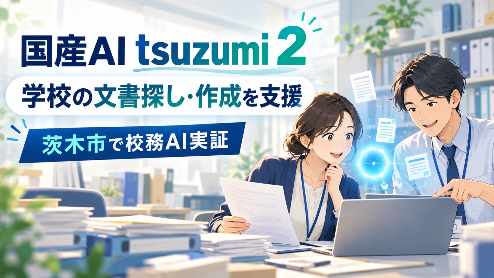 国産AI tsuzumi 2で学校の文書探し・作成を支援する教職員のイラスト
