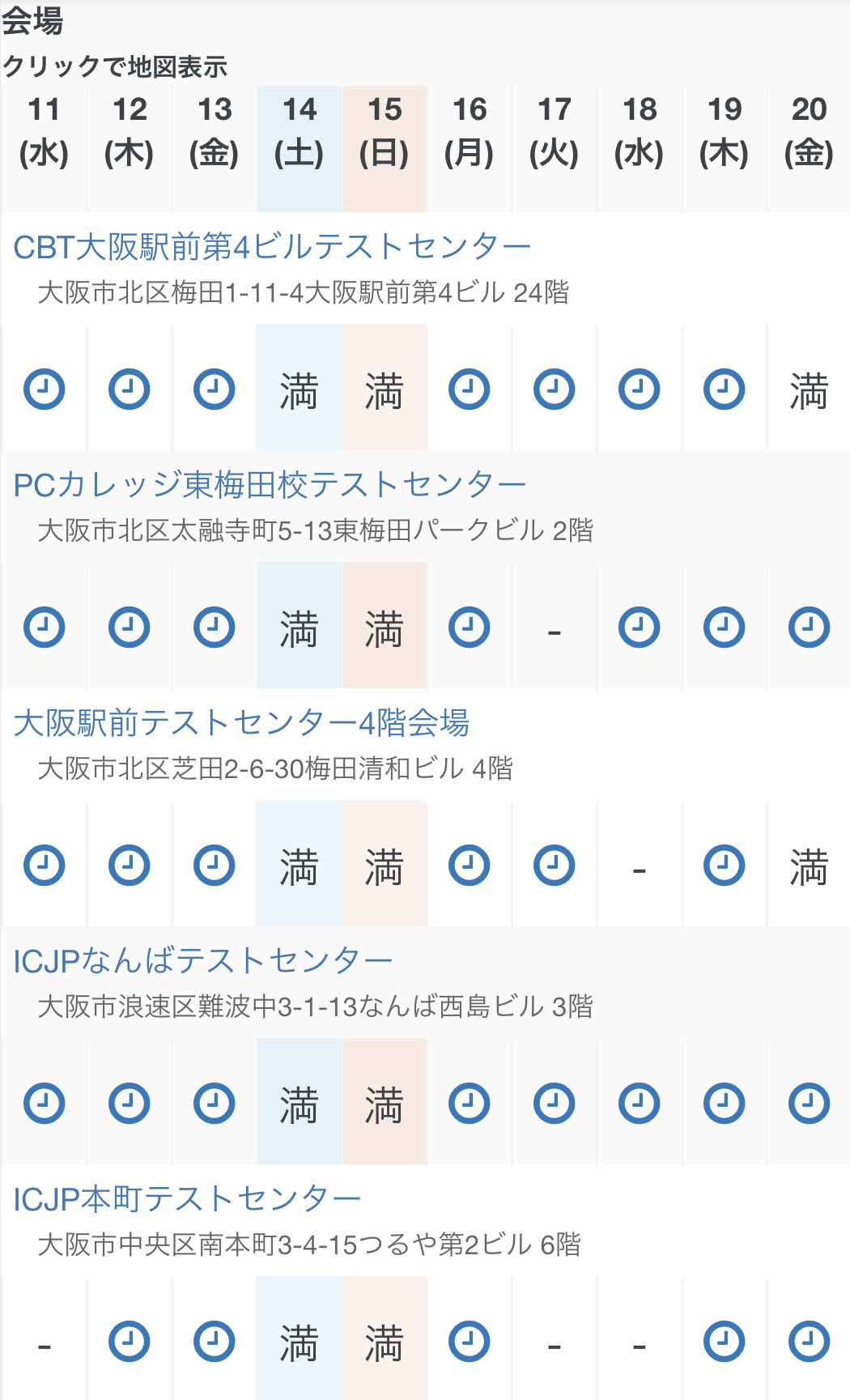 大阪の複数のCBT会場で14日土曜と15日日曜が満席と表示された申込画面