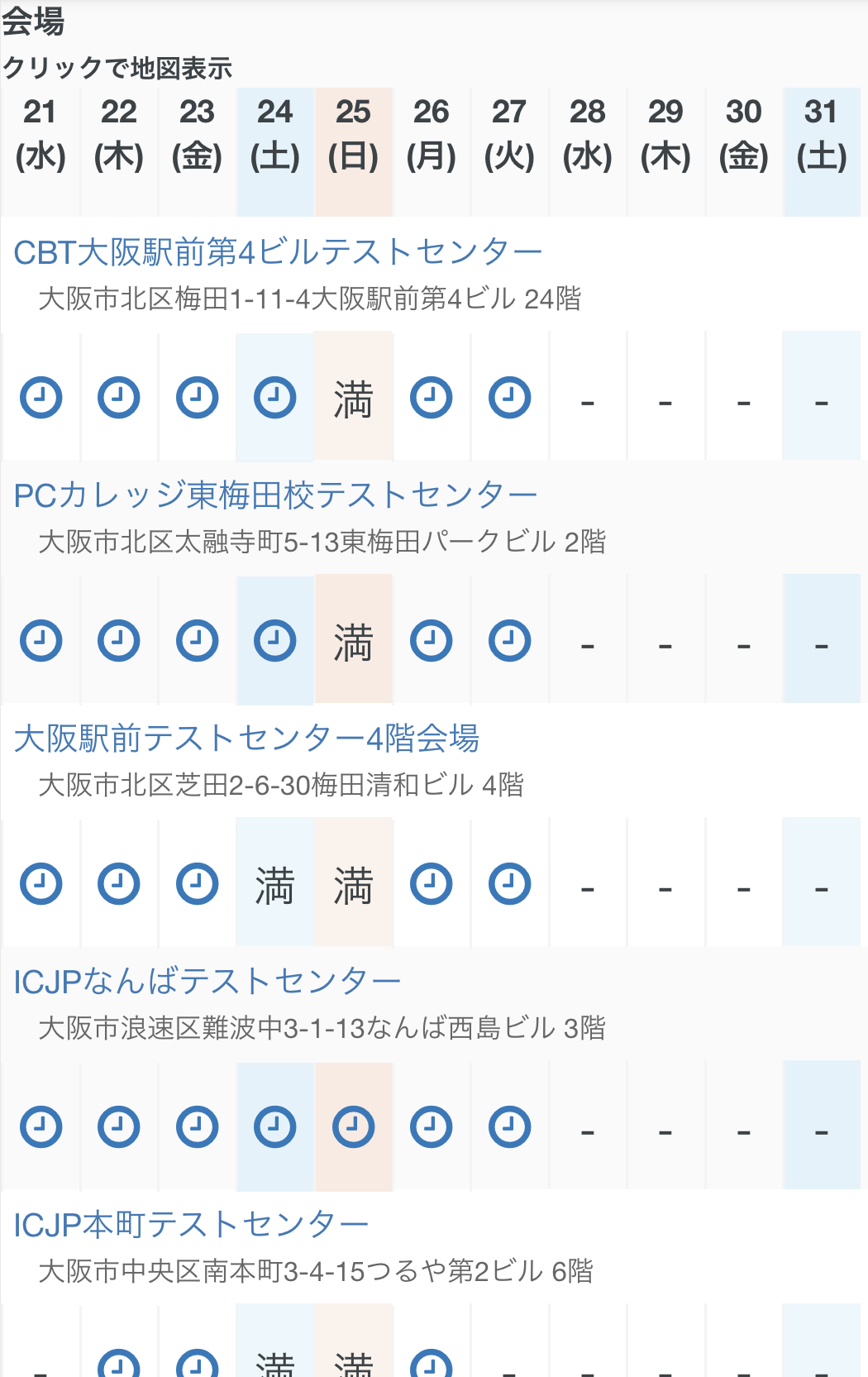 大阪のCBT会場で24日土曜と25日日曜に満席の会場と時間帯選択のアイコンがある会場を比較した申込画面