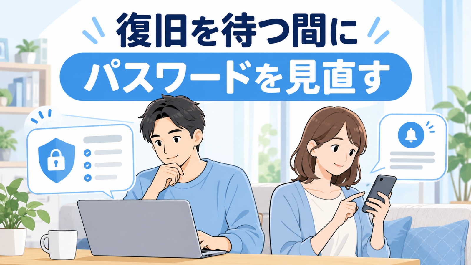 復旧を待つ間にパスワードと公式情報を確認するイメージ