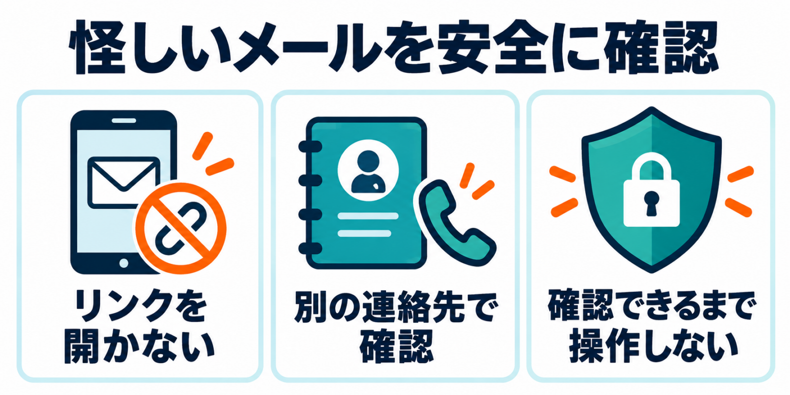 リンクを開かず、別の連絡先で確認し、確認できるまで操作しないという3つの行動