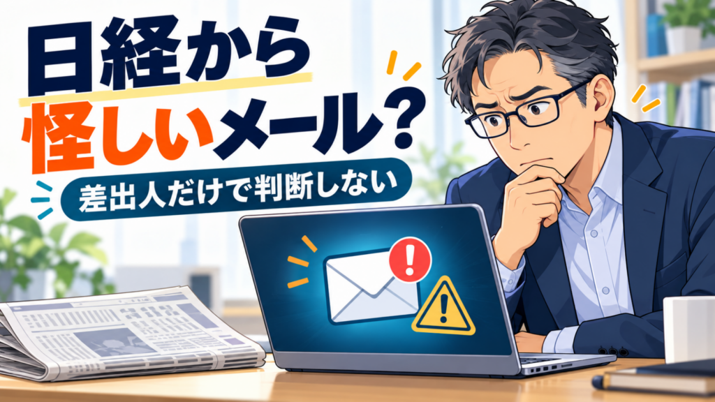 日経を名乗る不審なメールを確認する男性と、差出人だけで判断しないという注意書き