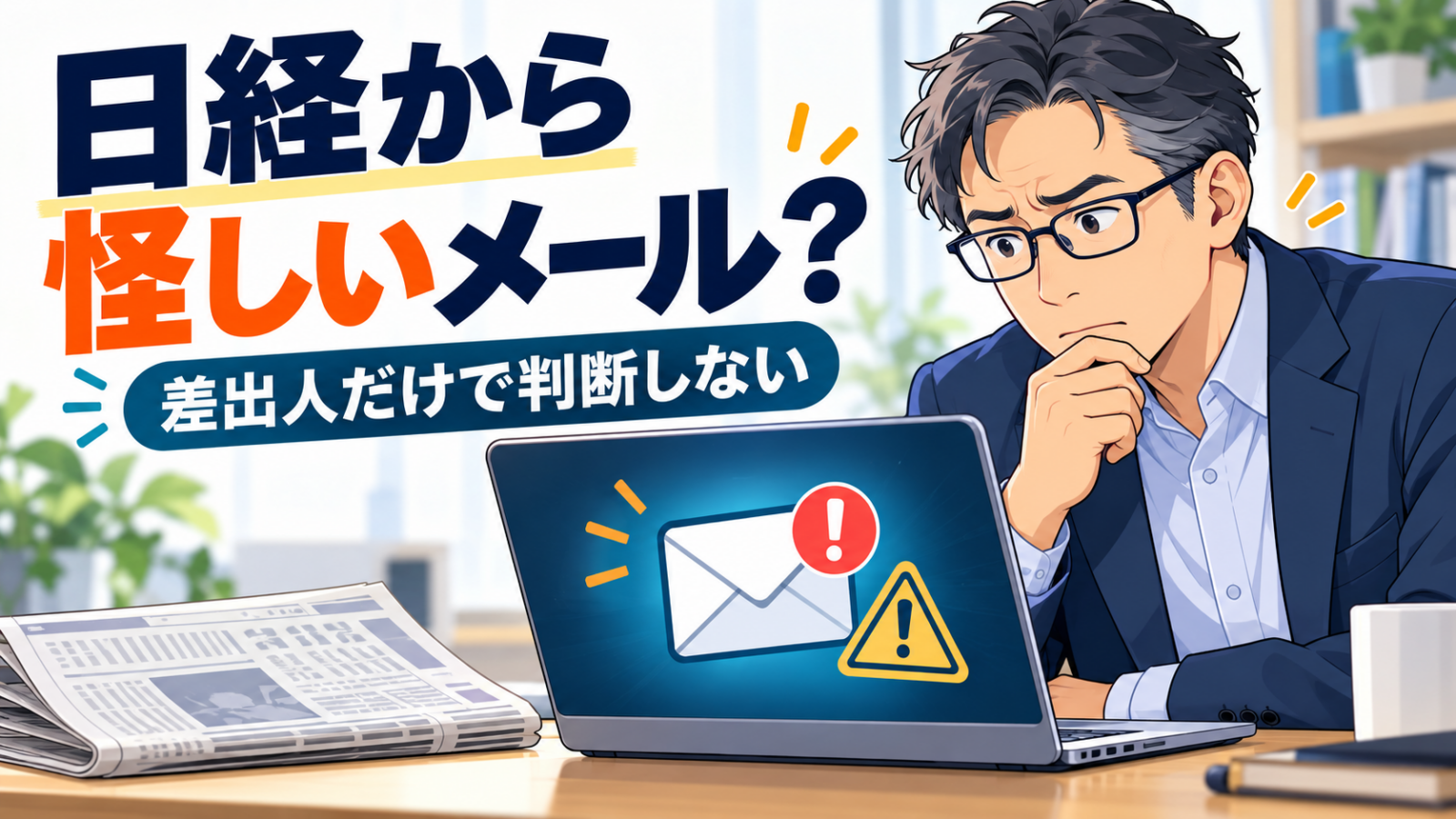 日経を名乗る不審なメールを確認する男性と、差出人だけで判断しないという注意書き