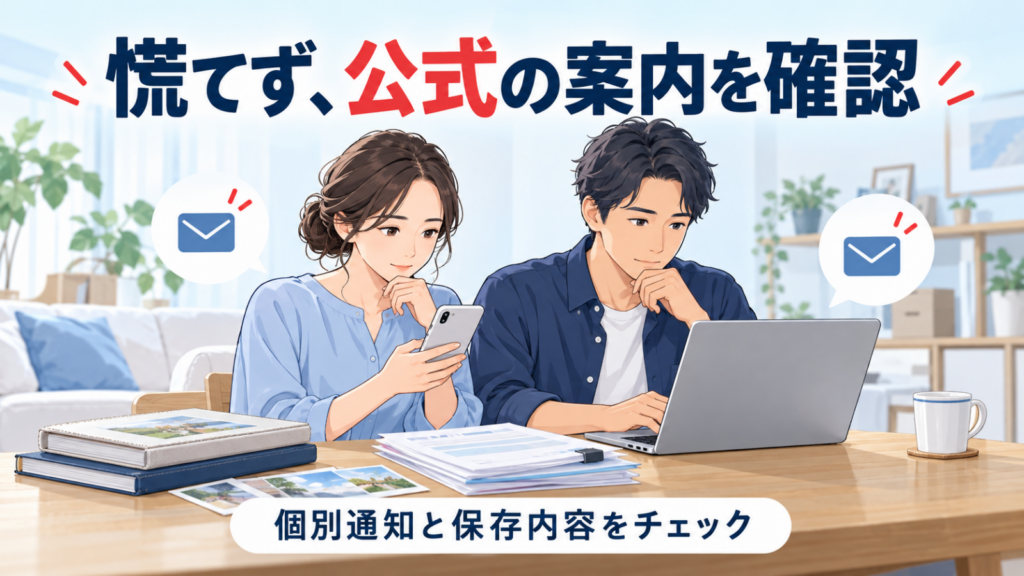 公式の案内を確認し、個別通知と保存内容をチェックする男女