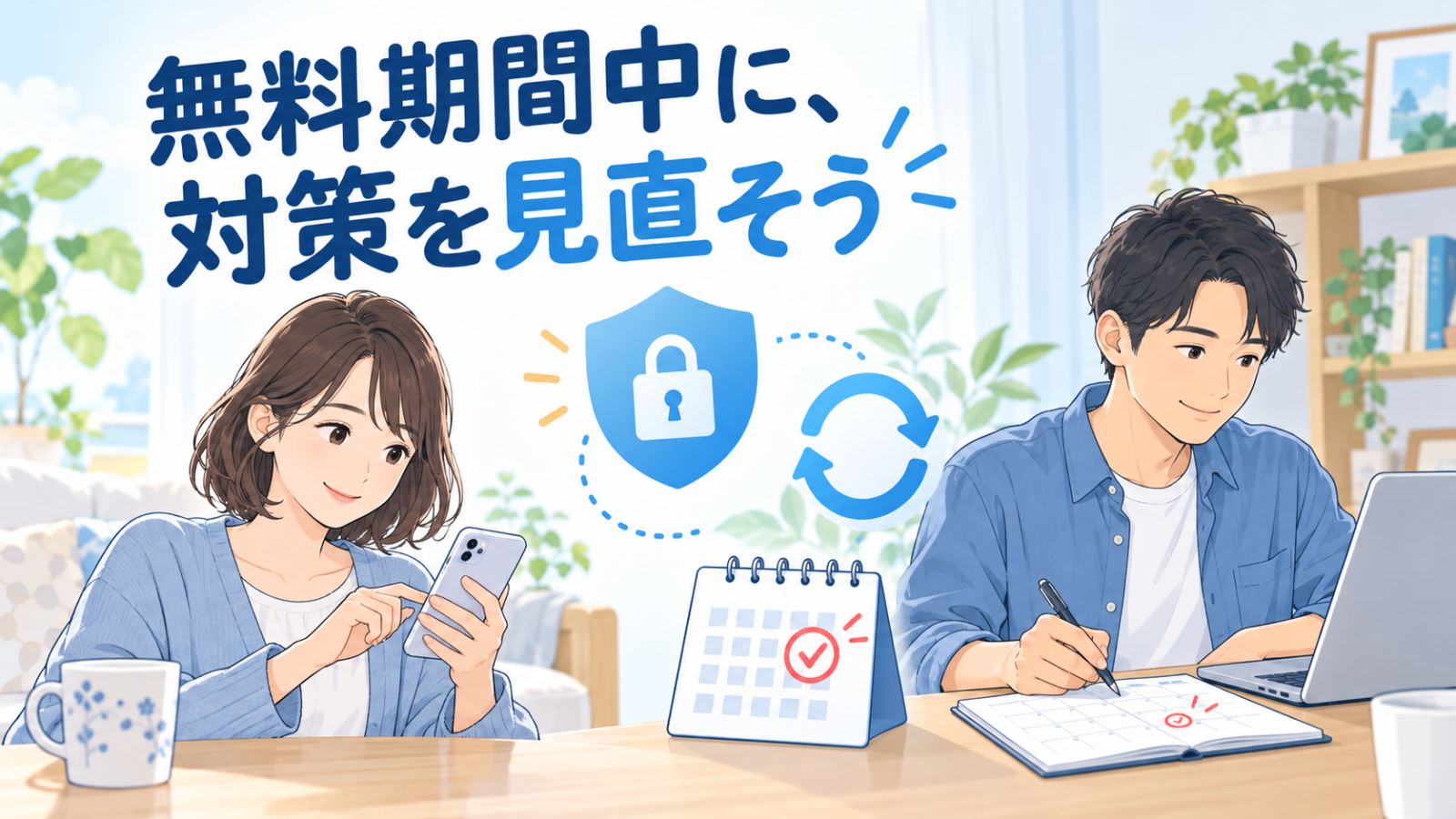 スマホとパソコンの保護状態を確認し、無料期間終了前の見直しを予定する男女