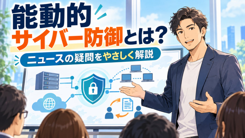 能動的サイバー防御について説明するアニメ調の男性