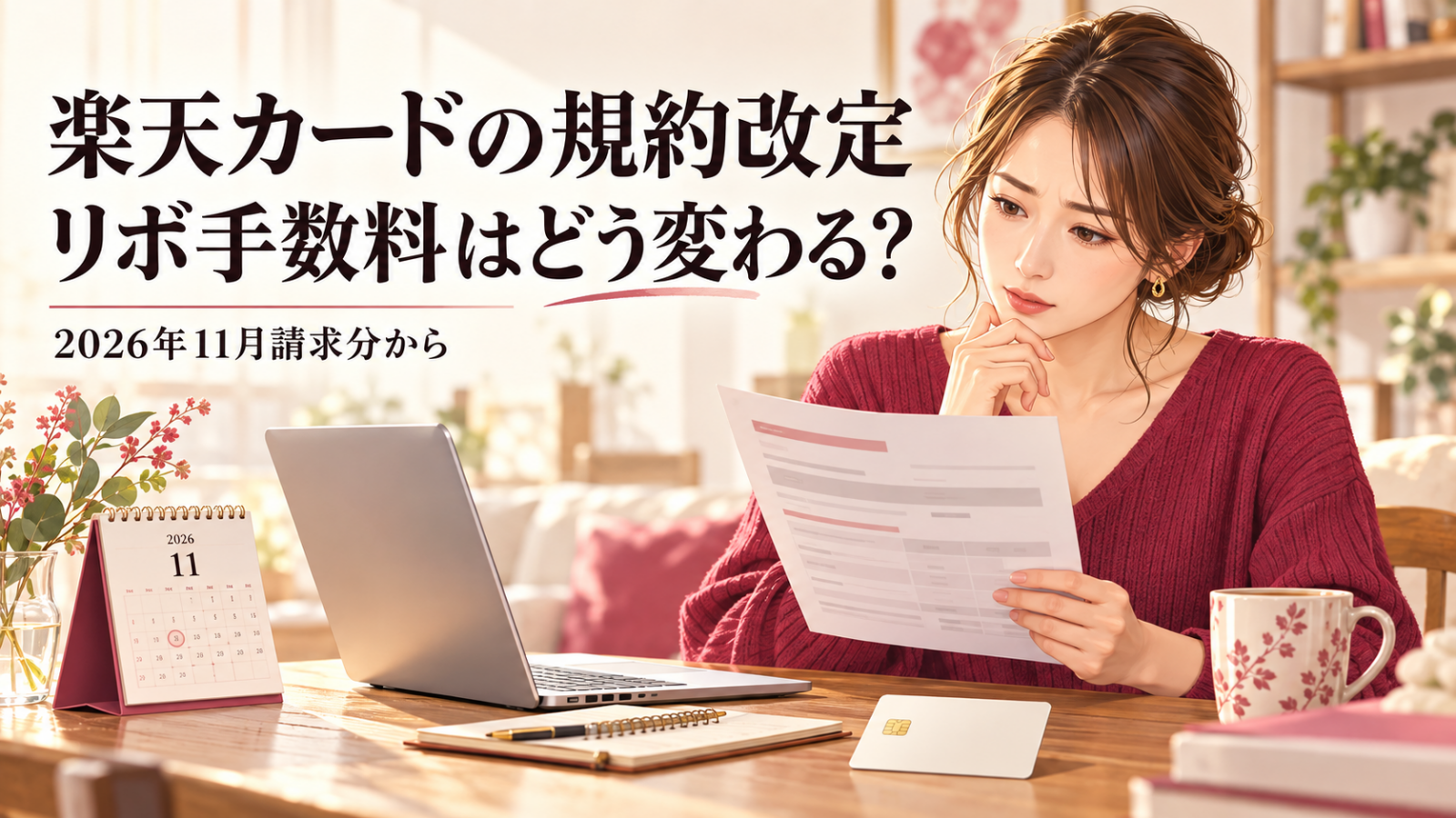 楽天カードの規約改定通知を確認する女性と11月のカレンダーのイメージ