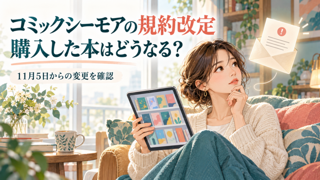 コミックシーモアの規約改定通知と購入済みの本をタブレットで確認するイメージ