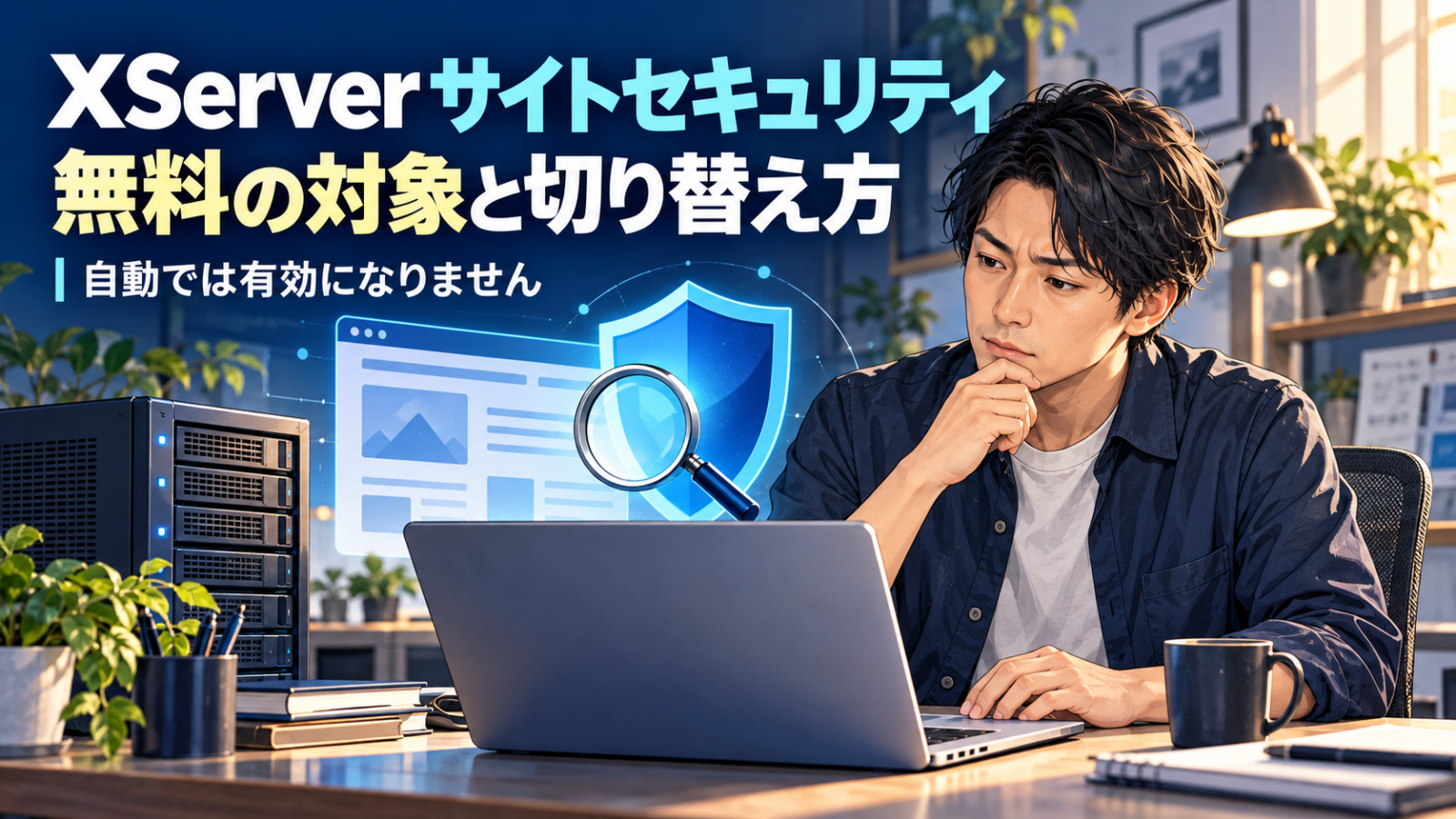 XServerサイトセキュリティの無料対象と切り替えを確認する管理者のイメージ