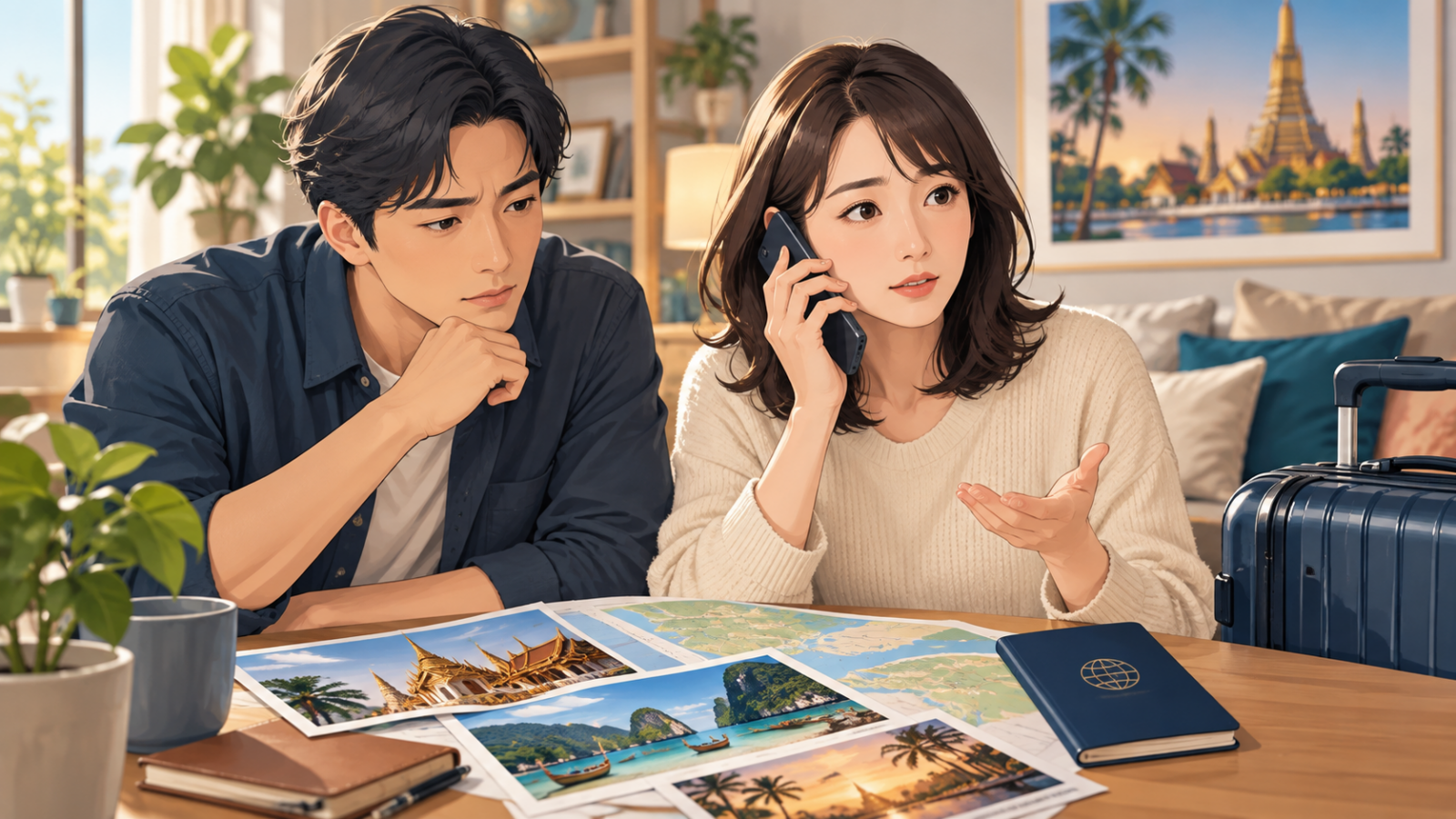 過去のタイ旅行の記録を見ながらHISへ問い合わせる男女のイラスト