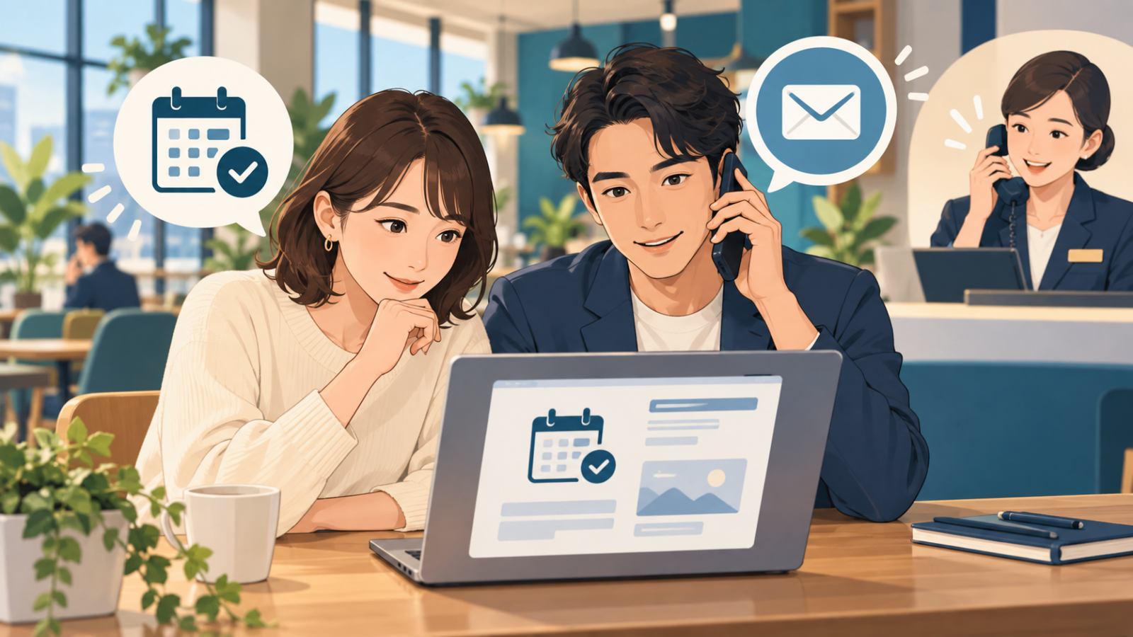 会員情報と予約への影響を確認する男女のイラスト