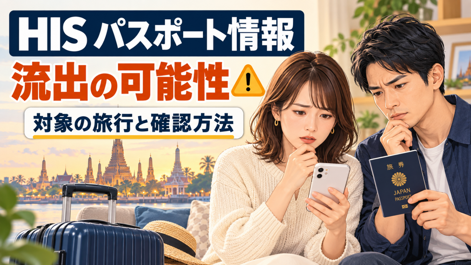 HISのパスポート情報流出の可能性と対象確認を伝えるイラスト