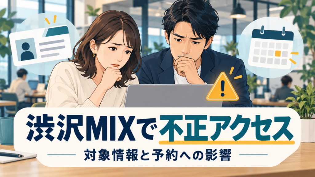 渋沢MIXの不正アクセスと予約への影響を伝えるイラスト
