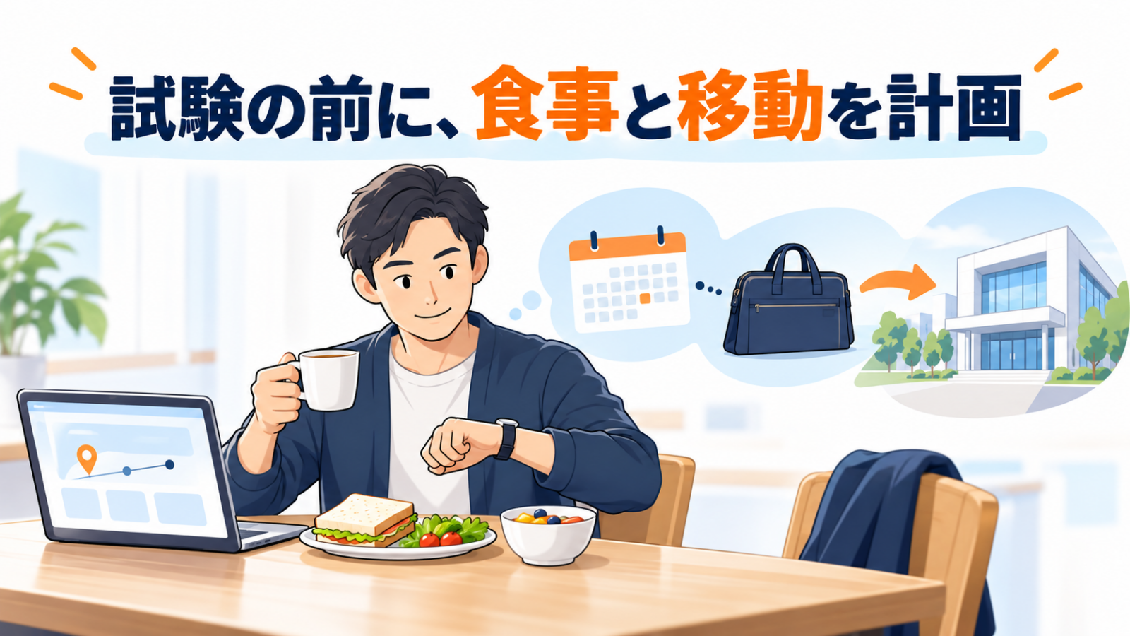 試験前に自宅で食事を取り移動予定を確認する受験者