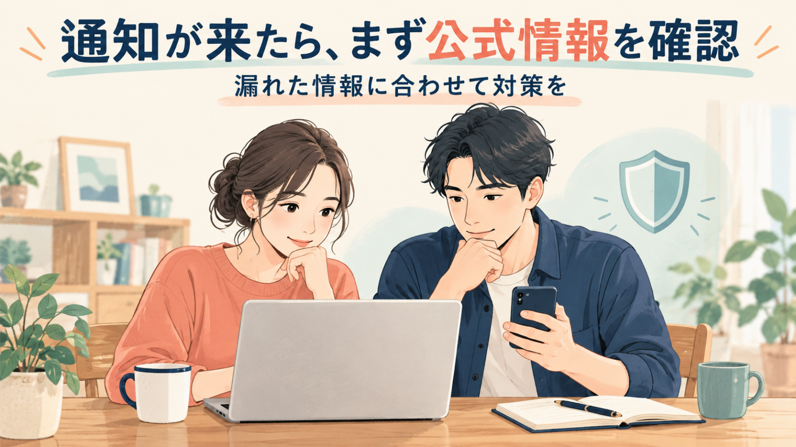 情報漏えいの通知を受け、スマートフォンとパソコンで公式情報を確認する男女