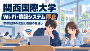 関西国際大学のWi-Fi・情報システム停止と学修記録の流出を解説するイラスト