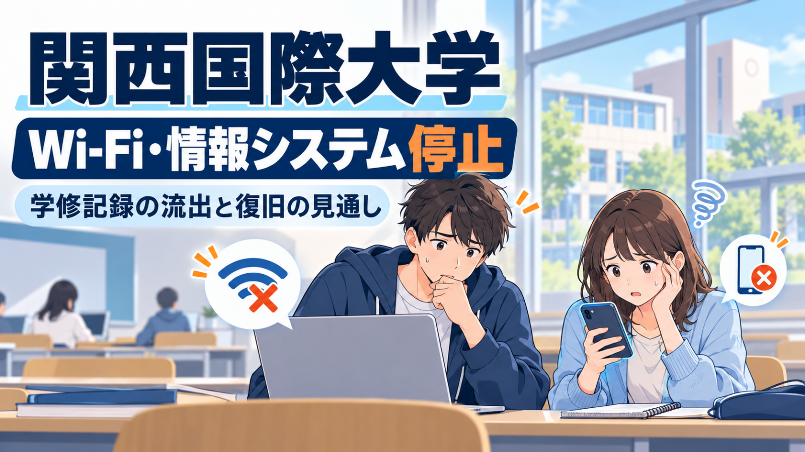 関西国際大学のWi-Fi・情報システム停止と学修記録の流出を解説するイラスト