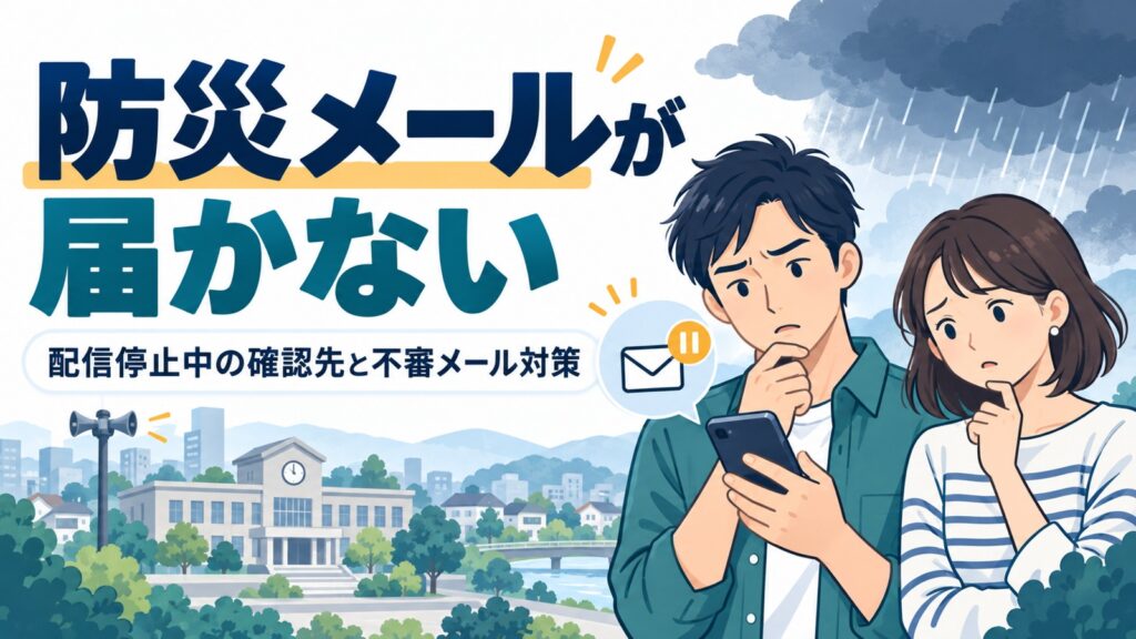 防災メールが届かず困惑する男女。配信停止中の確認先と不審メール対策
