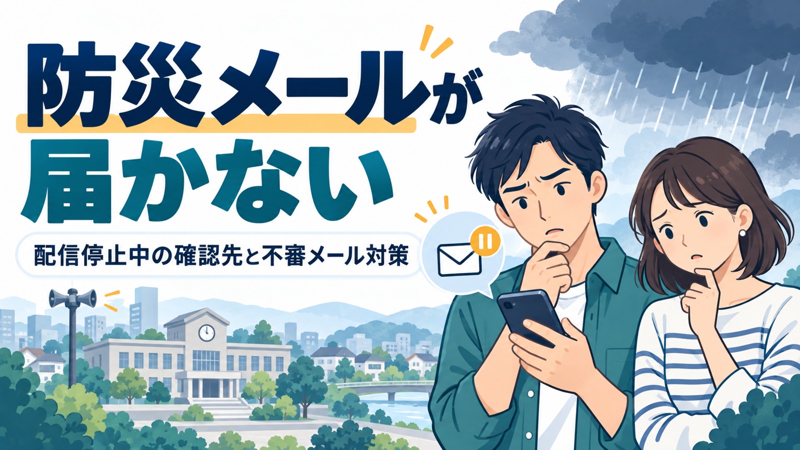 防災メールが届かず困惑する男女。配信停止中の確認先と不審メール対策
